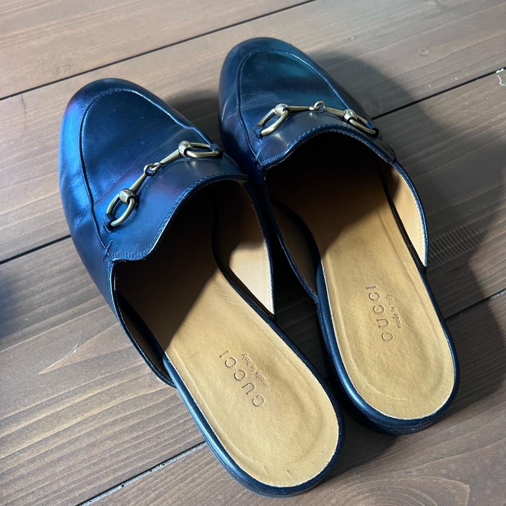 Gucci Princertown Horsebit black leather round toe flat loafer mules